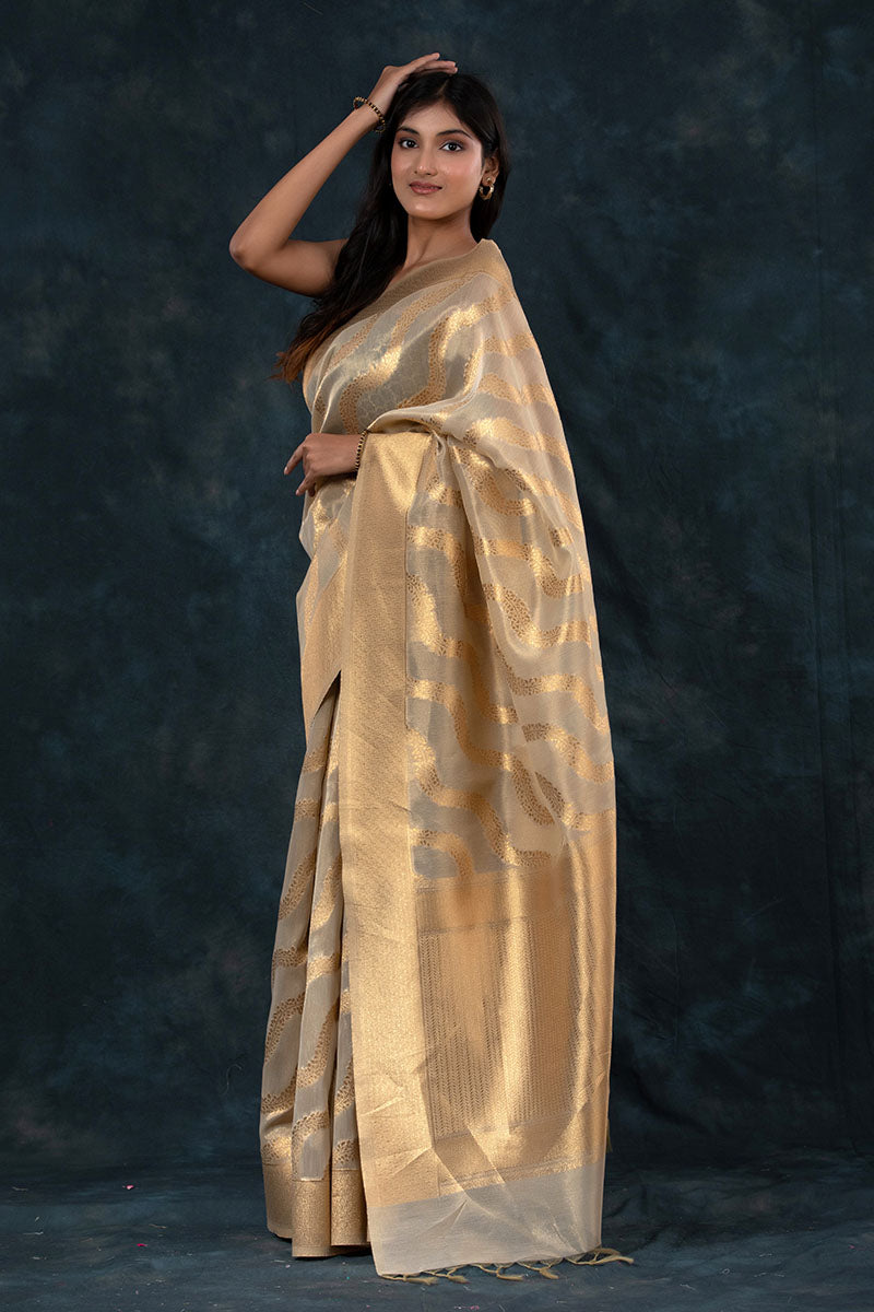 Pale Gold Traditional Woven Banarasi Cotton Saree