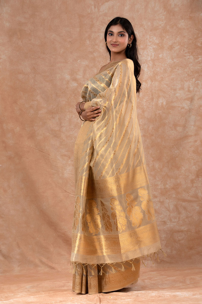 Glittery Gold Striped Woven Banarasi Cotton Saree