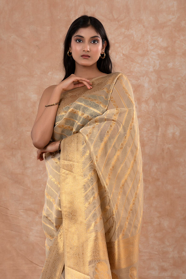 Glittery Gold Striped Woven Banarasi Cotton Saree - Chinaya Banaras