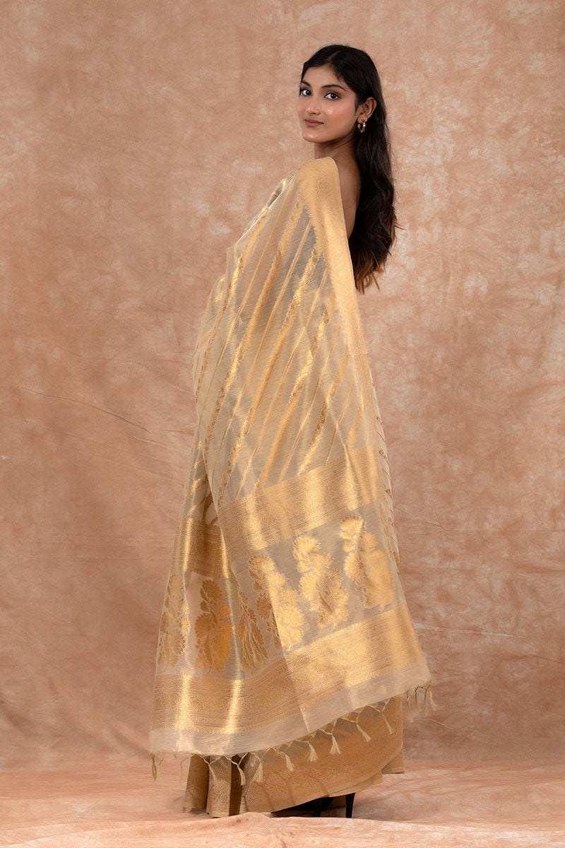 Glittery Gold Striped Woven Banarasi Cotton Saree