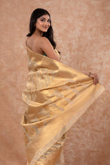 Glittery Gold Striped Woven Banarasi Cotton Saree