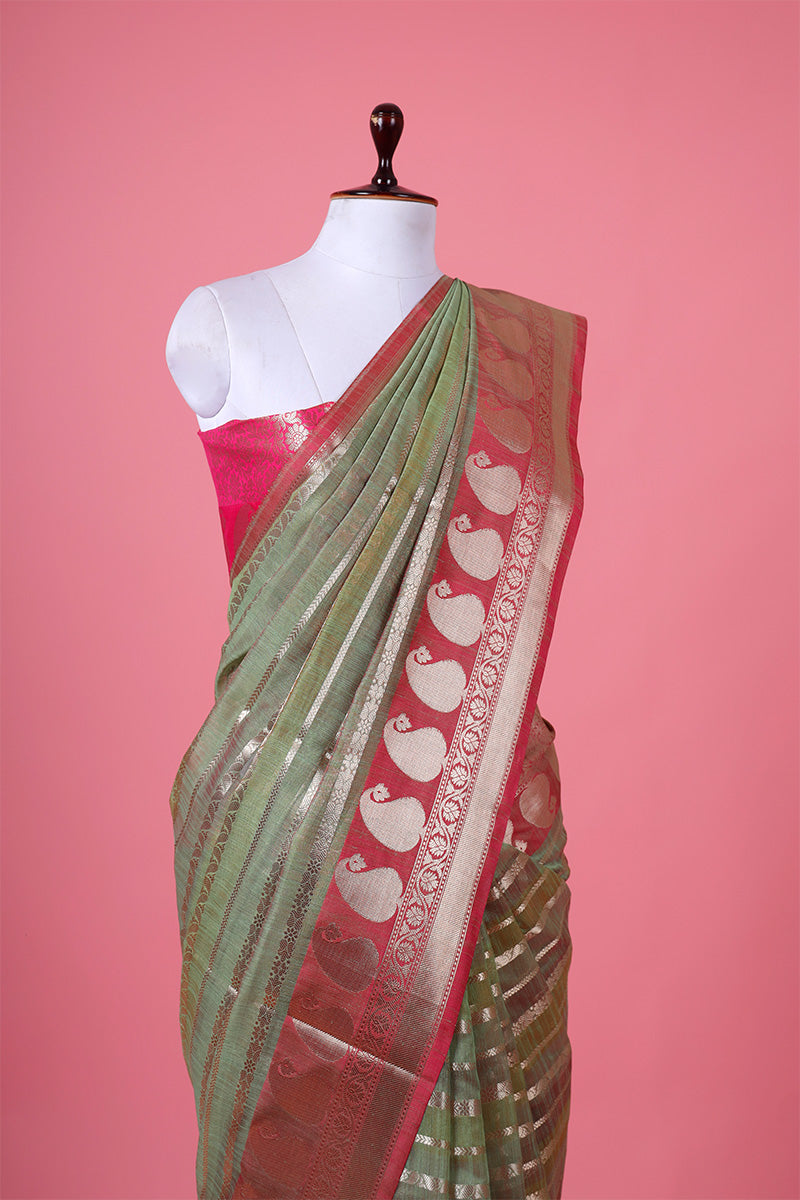 Pista Green Ethnic Woven Banarasi Cotton Saree - Chinaya Banaras