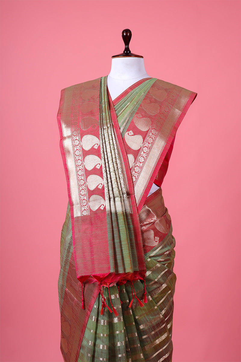 Pista Green Ethnic Woven Banarasi Cotton Saree - Chinaya Banaras