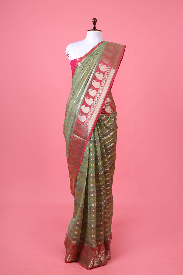 Pista Green Ethnic Woven Banarasi Cotton Saree 1 for Women