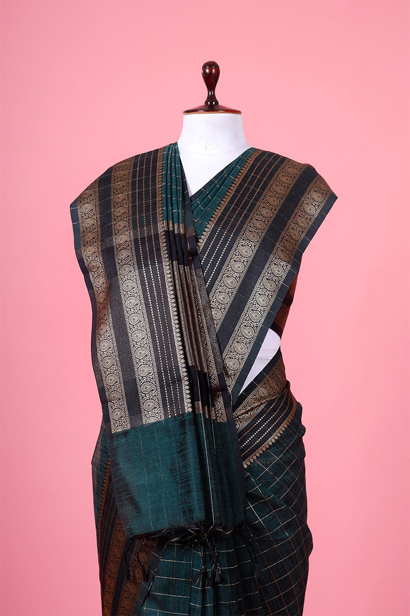 Bottle Green Checkered Woven Banarasi Cotton Saree - Chinaya Banaras