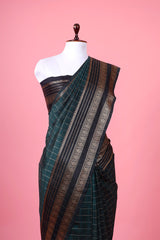 Bottle Green Checkered Woven Banarasi Cotton Saree - Chinaya Banaras