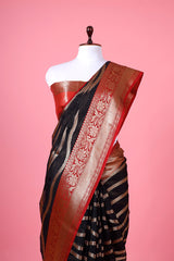 Black & Red Woven Banarasi Cotton Saree - Chinaya Banaras