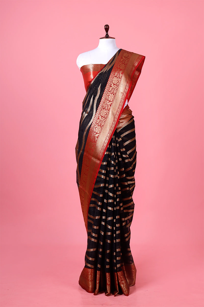 Black & Red Woven Banarasi Cotton Saree By Chinaya Banaras