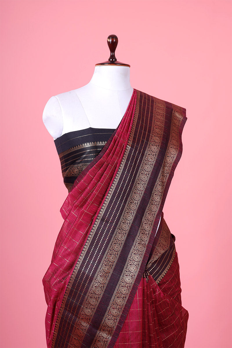 Raspberry Pink Checkered Woven Banarasi Cotton Saree - Chinaya Banaras