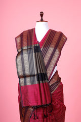 Raspberry Pink Checkered Woven Banarasi Cotton Saree - Chinaya Banaras