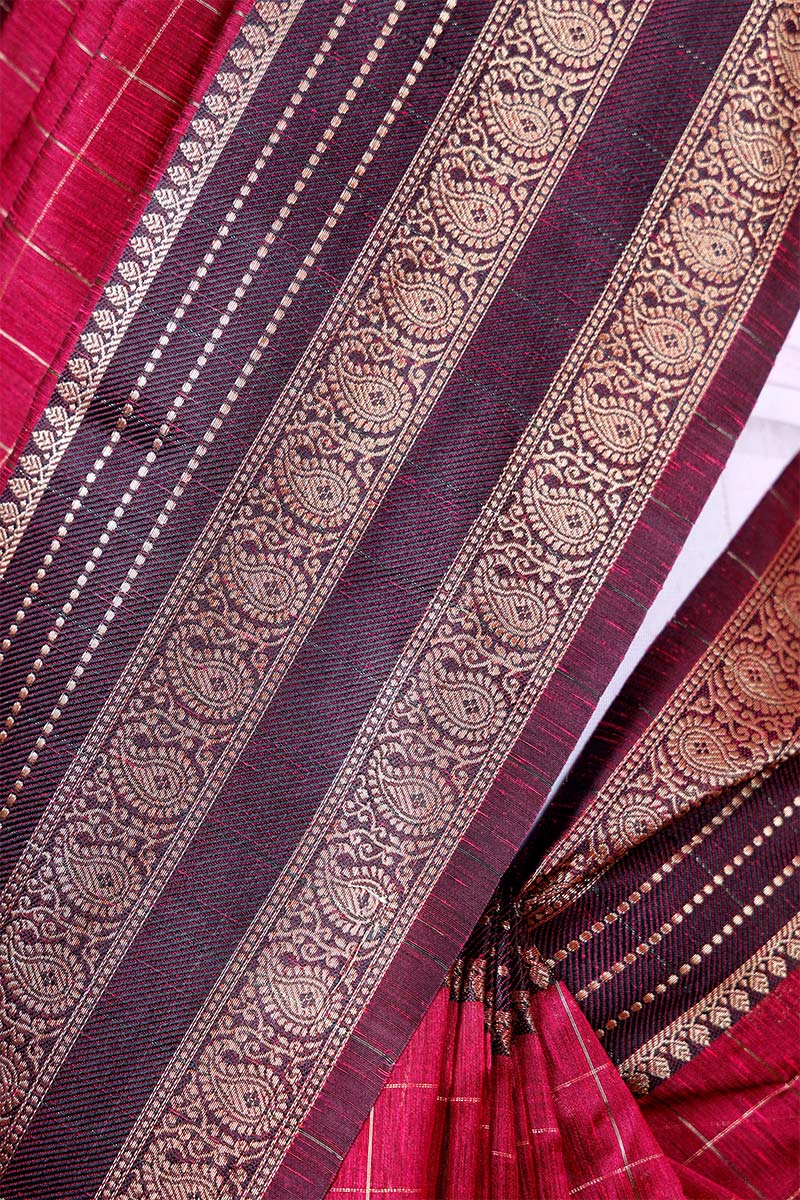 Raspberry Pink Checkered Woven Banarasi Cotton Saree - Chinaya Banaras