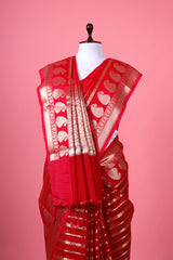 Red Ethnic Woven Banarasi Cotton Saree - Chinaya Banaras