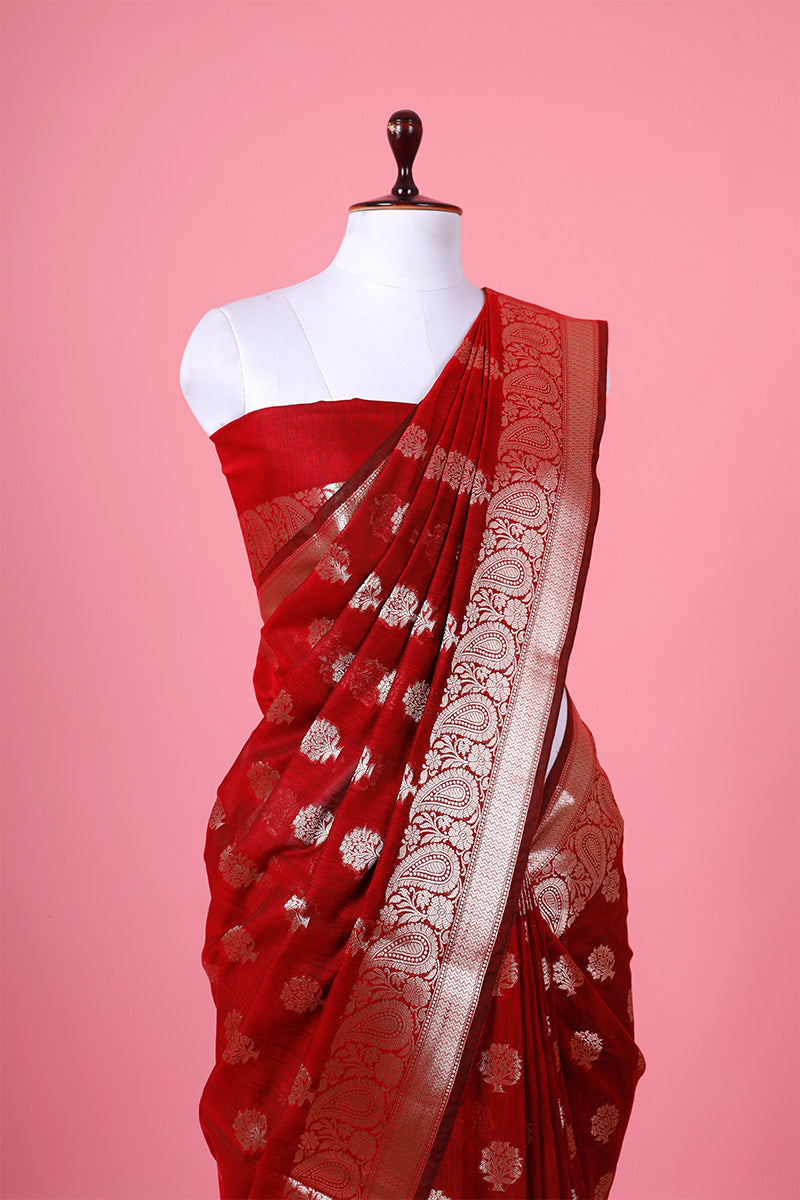 Maroon Woven Banarasi Cotton Saree - Chinaya Banaras