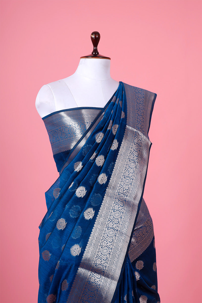 French Blue Cotton Banarasi Saree