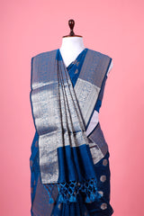 French Blue Woven Banarasi Cotton Saree