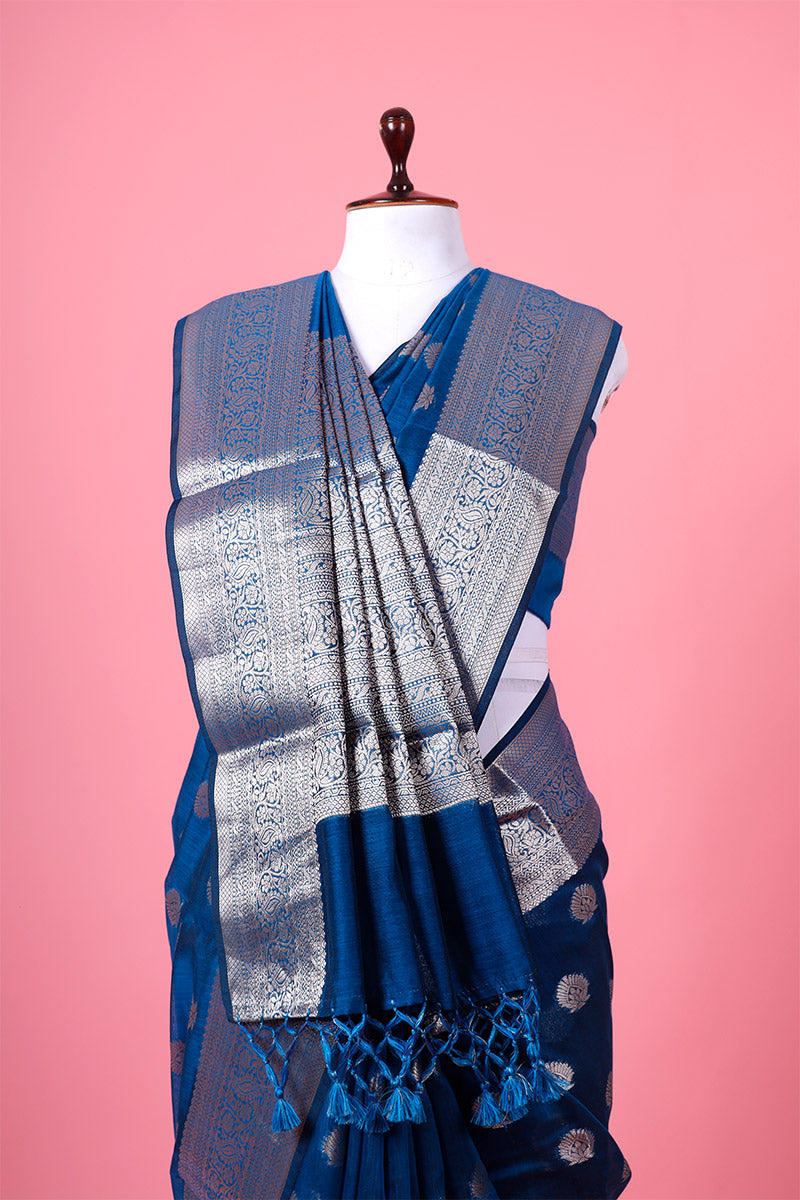 French Blue Woven Banarasi Cotton Saree