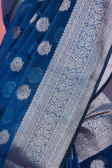 French Blue Cotton Banarasi Saree
