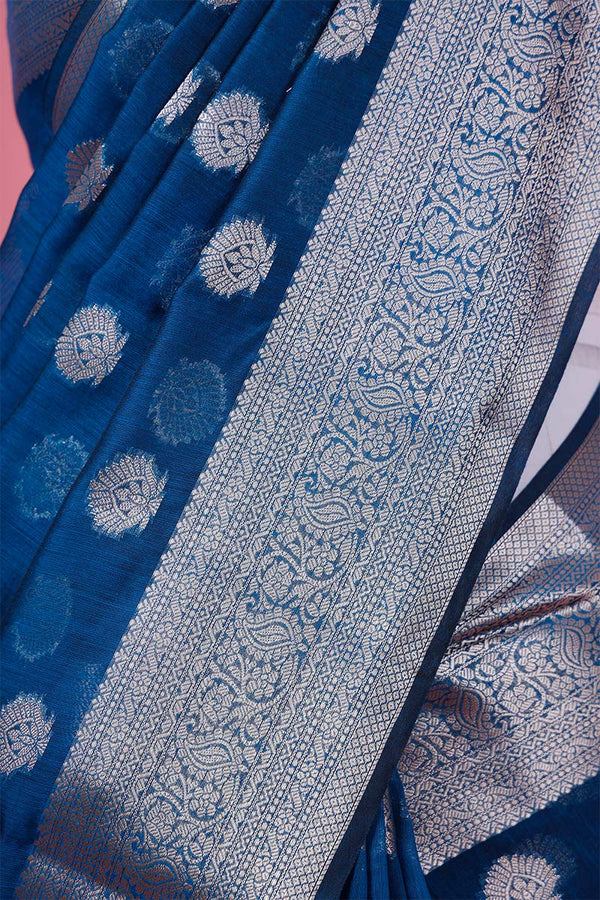 French Blue Woven Banarasi Cotton Saree
