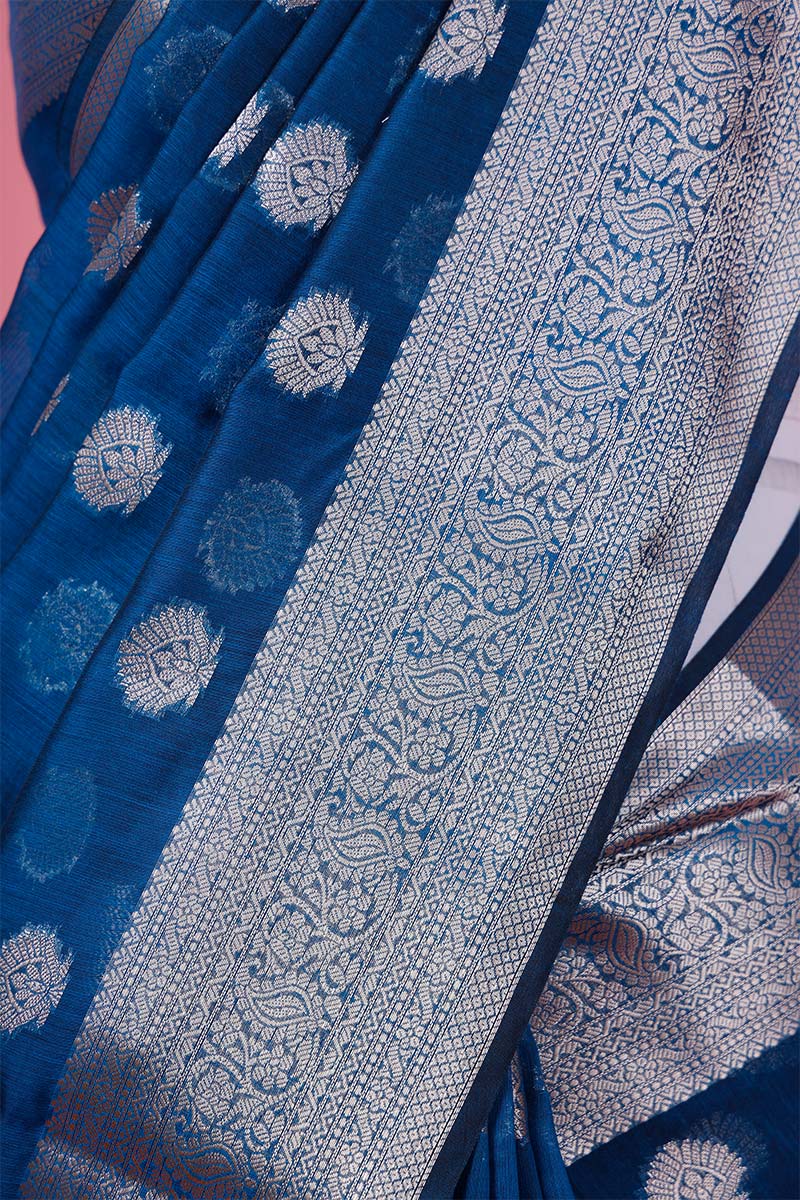 French Blue Cotton Banarasi Saree