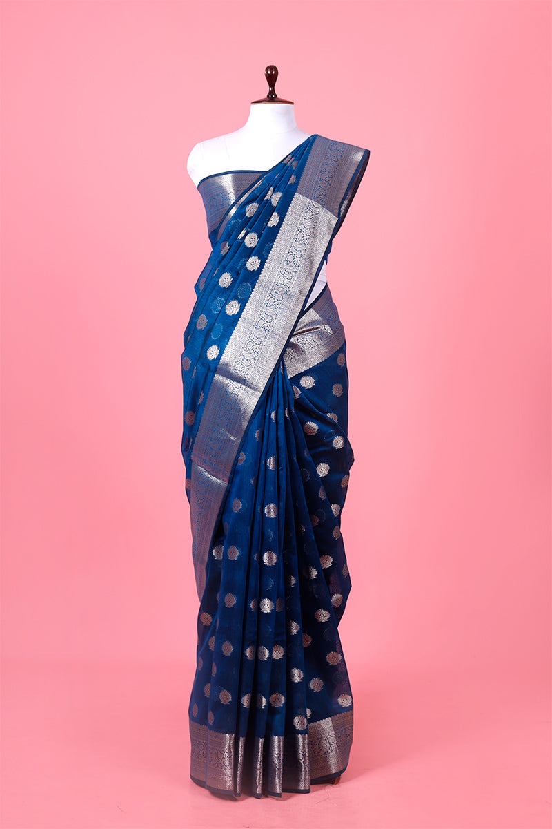 Cotton saree, Banarasi Cotton Saree, french blue Saree, cotton Banarasi saree