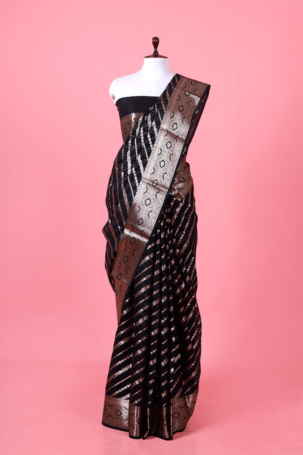 Deep Black Woven Banarasi Cotton Saree By Chinaya Banaras