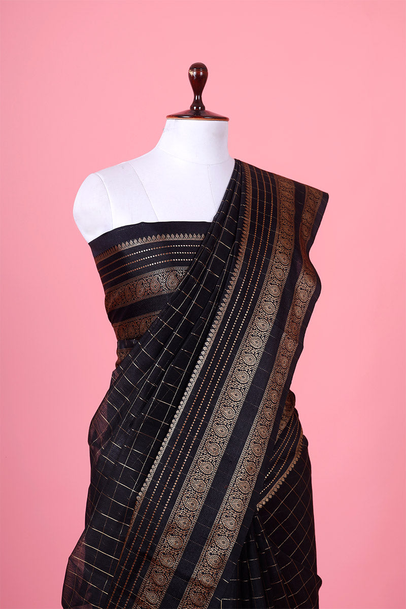 Midnight Black Woven Banarasi Cotton Saree - Chinaya Banaras