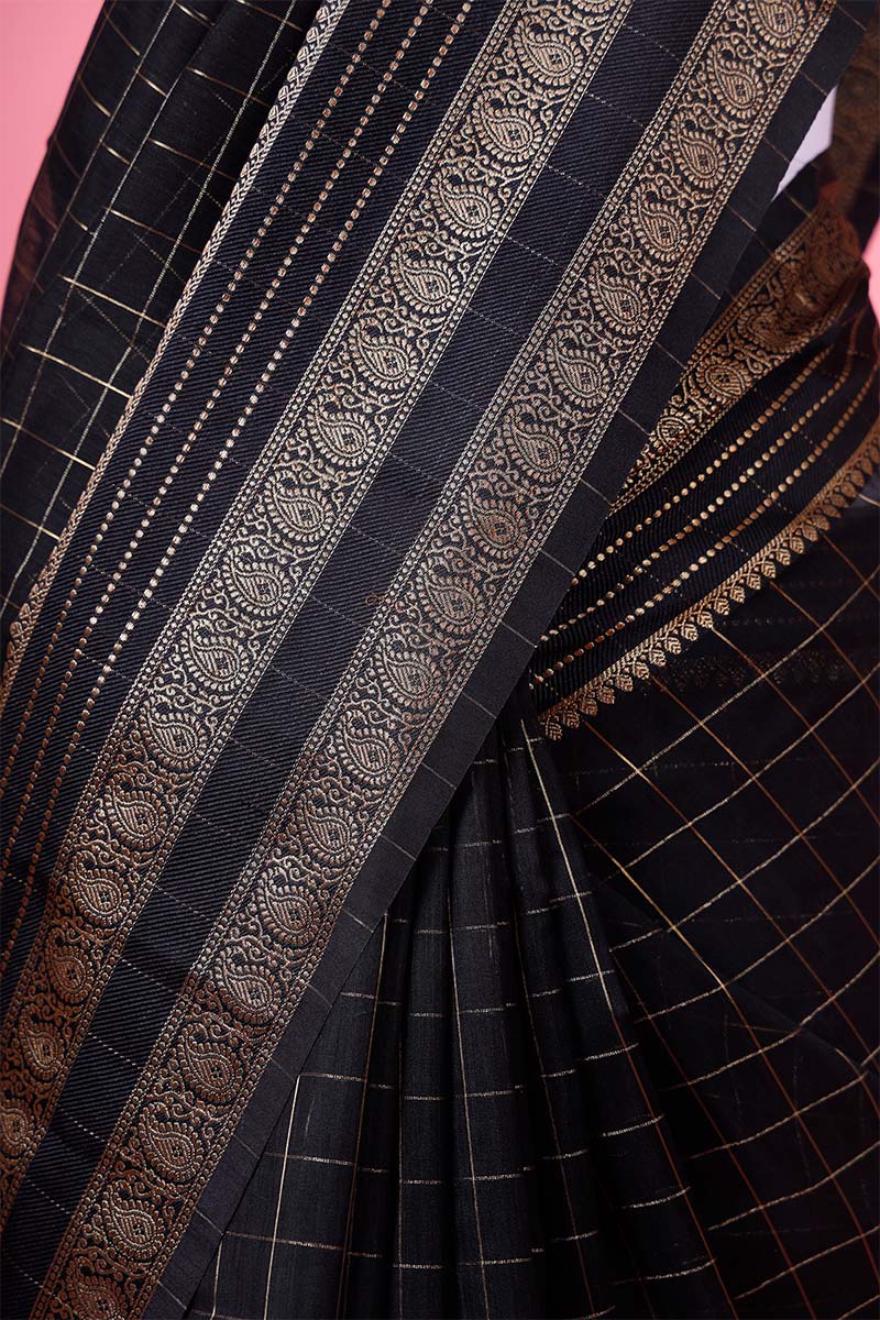Midnight Black Woven Banarasi Cotton Saree - Chinaya Banaras