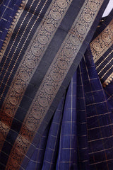 Navy Blue Checkered Woven Banarasi Cotton Saree