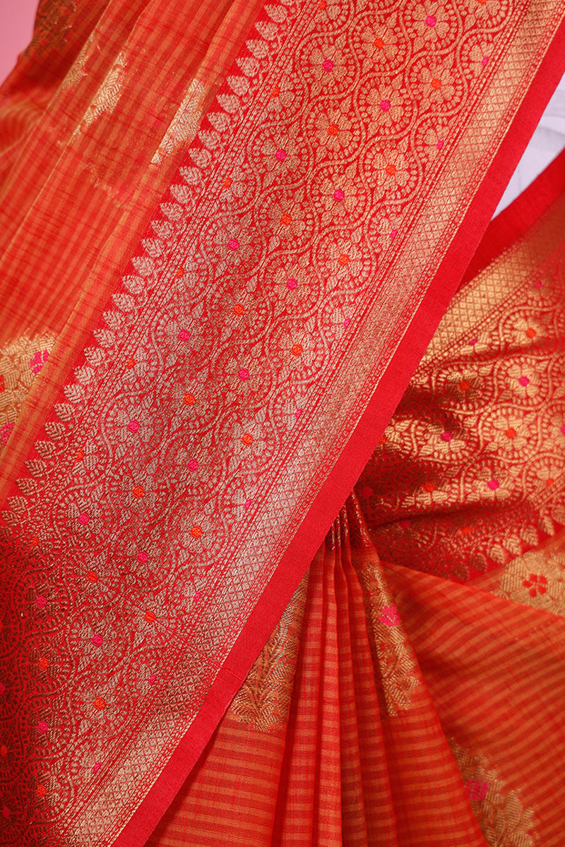 Reddish Orange Cotton Banarasi Saree