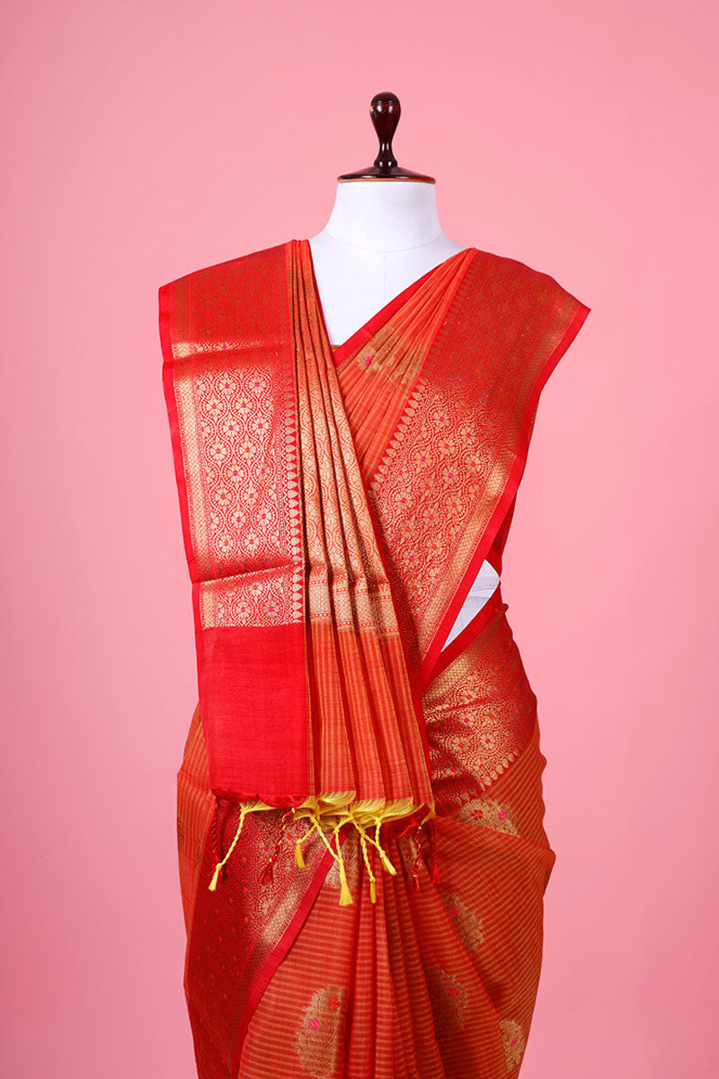 Reddish Orange Woven Banarasi Cotton Saree