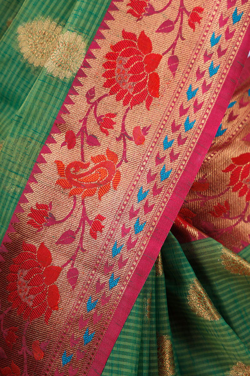 Leaf Green Cotton Saree With Minakari Border