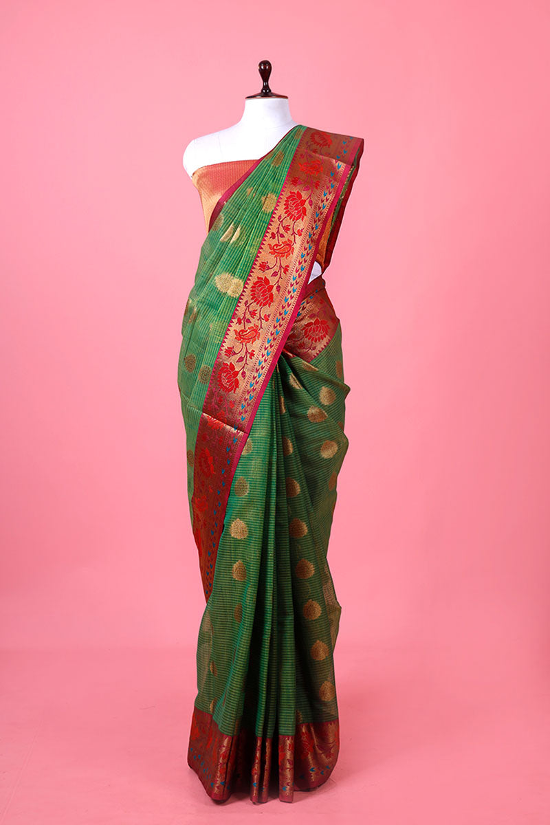 Cotton saree, Banarasi Cotton Saree, Green Saree, cotton Banarasi saree