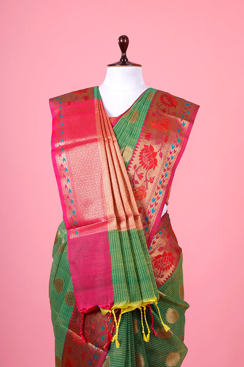 Leaf Green Cotton Saree With Minakari Border