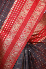 Charcoal Grey Checkered Cotton Banarasi Saree