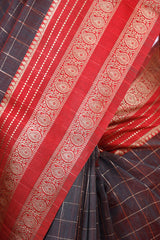 Charcoal Grey Checkered Woven Banarasi Cotton Saree