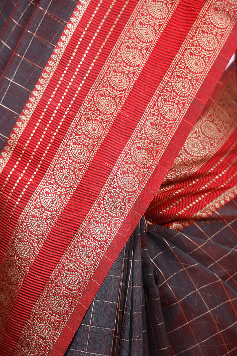 Charcoal Grey Checkered Cotton Banarasi Saree