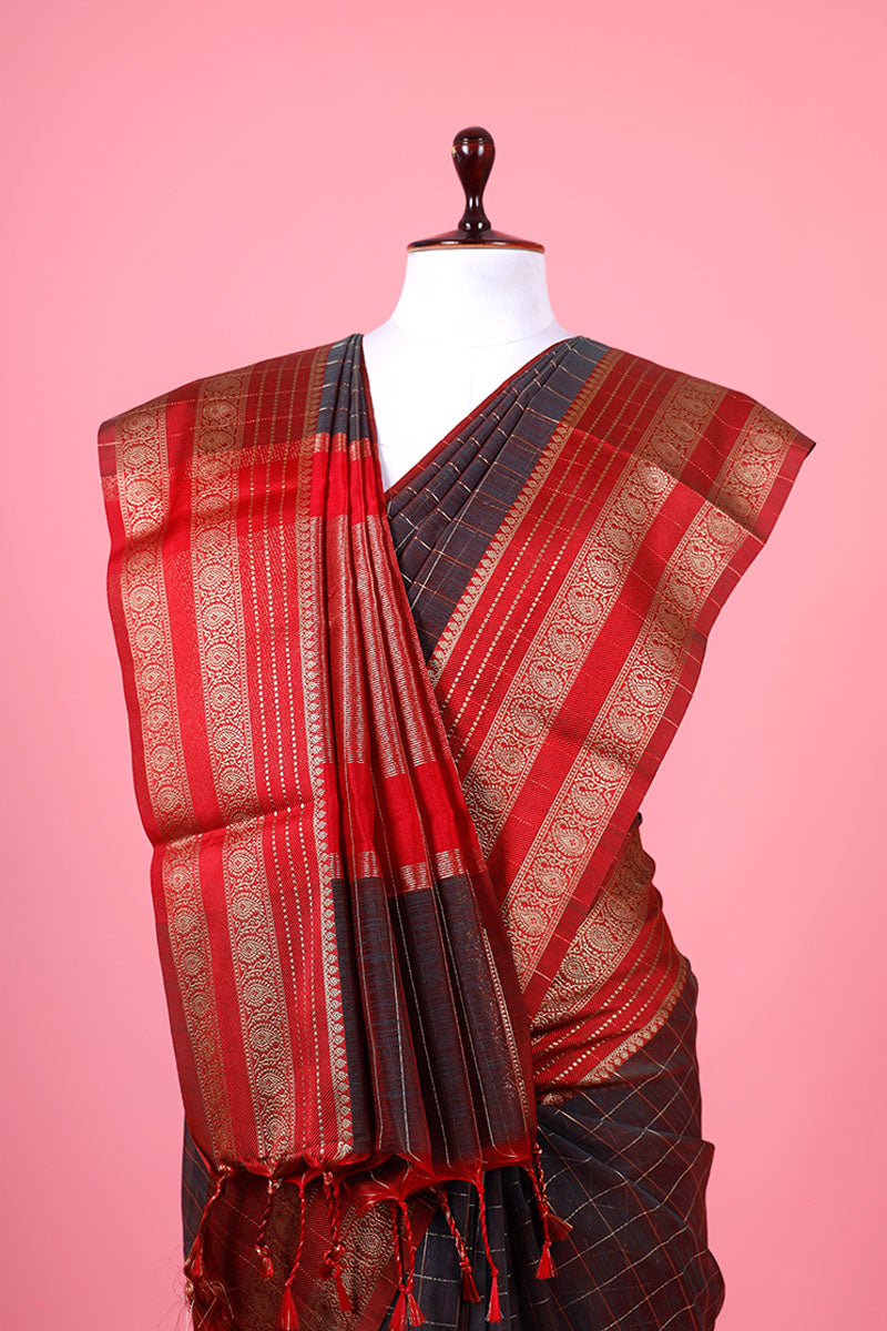 Charcoal Grey Checkered Woven Banarasi Cotton Saree