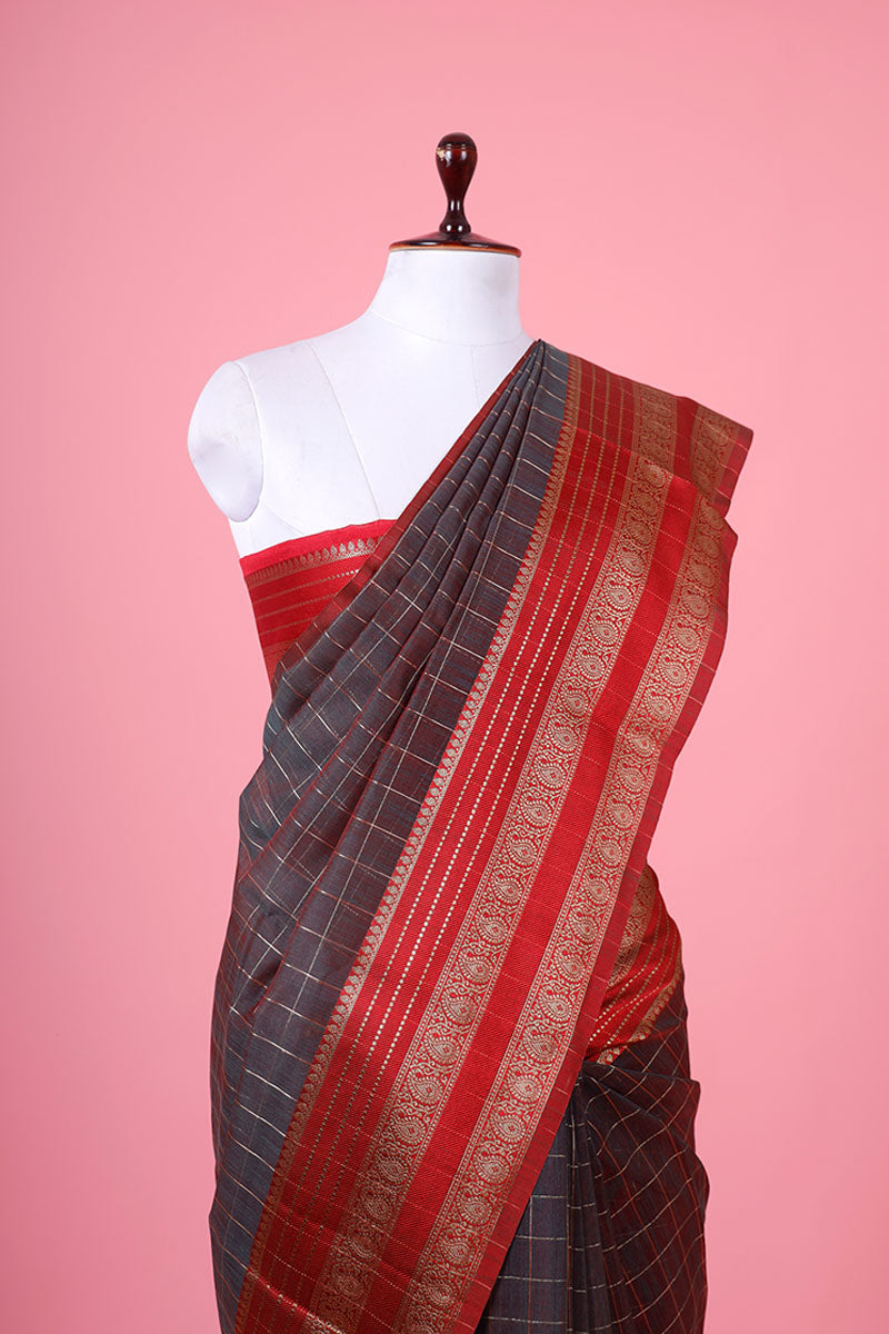 Charcoal Grey Checkered Cotton Banarasi Saree