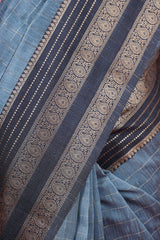 Stone Blue Checkered Woven Banarasi Cotton Saree