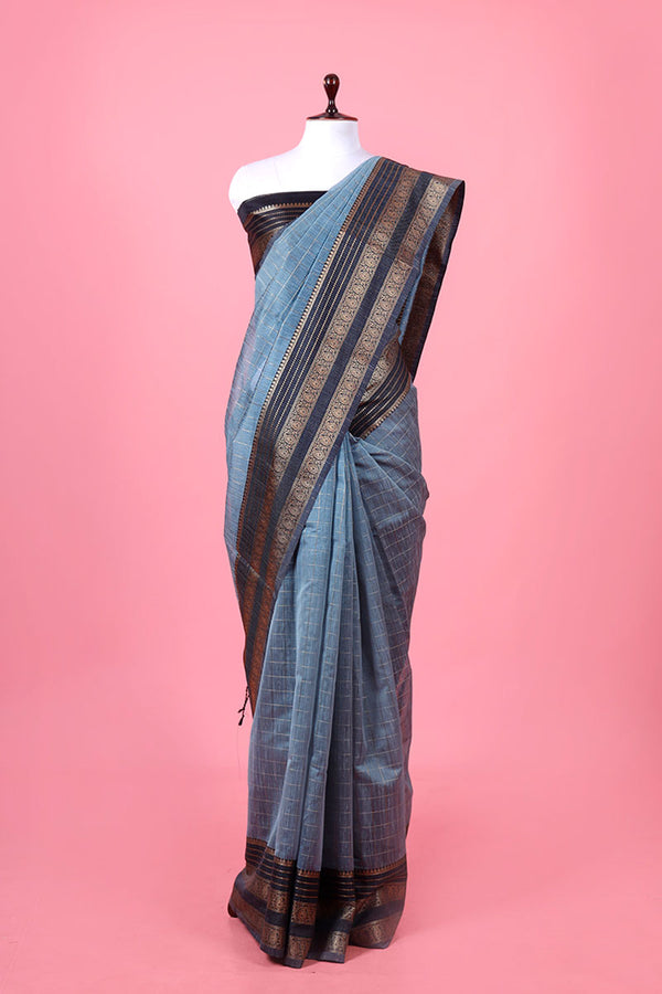 Blue Checkered Woven Banarasi Cotton Saree By Chinaya Banaras