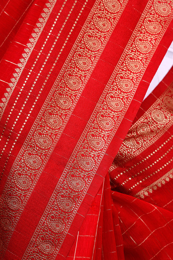 Deep Red Checkered Woven Banarasi Cotton Saree