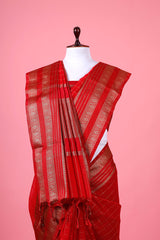 Deep Red Checkered Woven Banarasi Cotton Saree