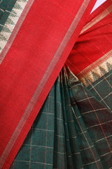 Forest Green Checkered Woven Banarasi Cotton Saree