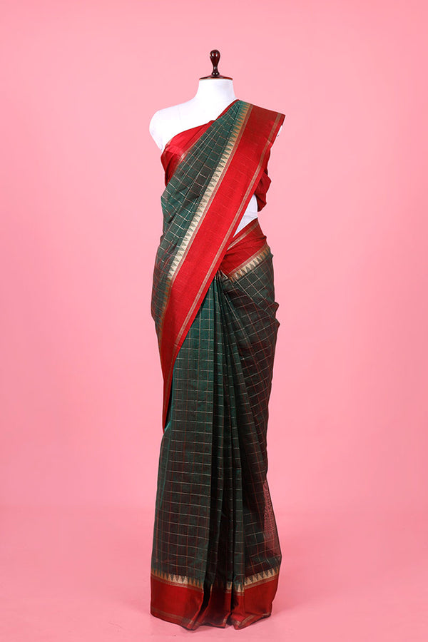 Green Checkered Woven Banarasi Cotton Saree By Chinaya Banaras