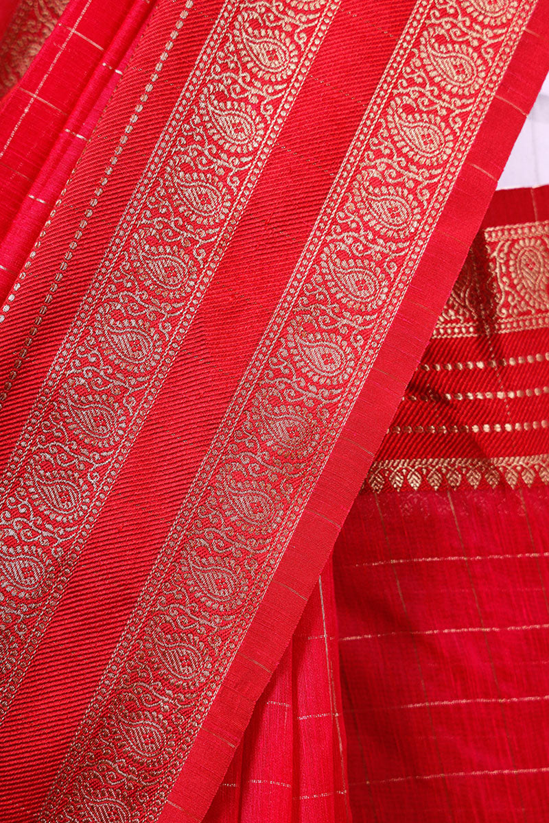 Crimson Pink Checkered Woven Banarasi Cotton Saree