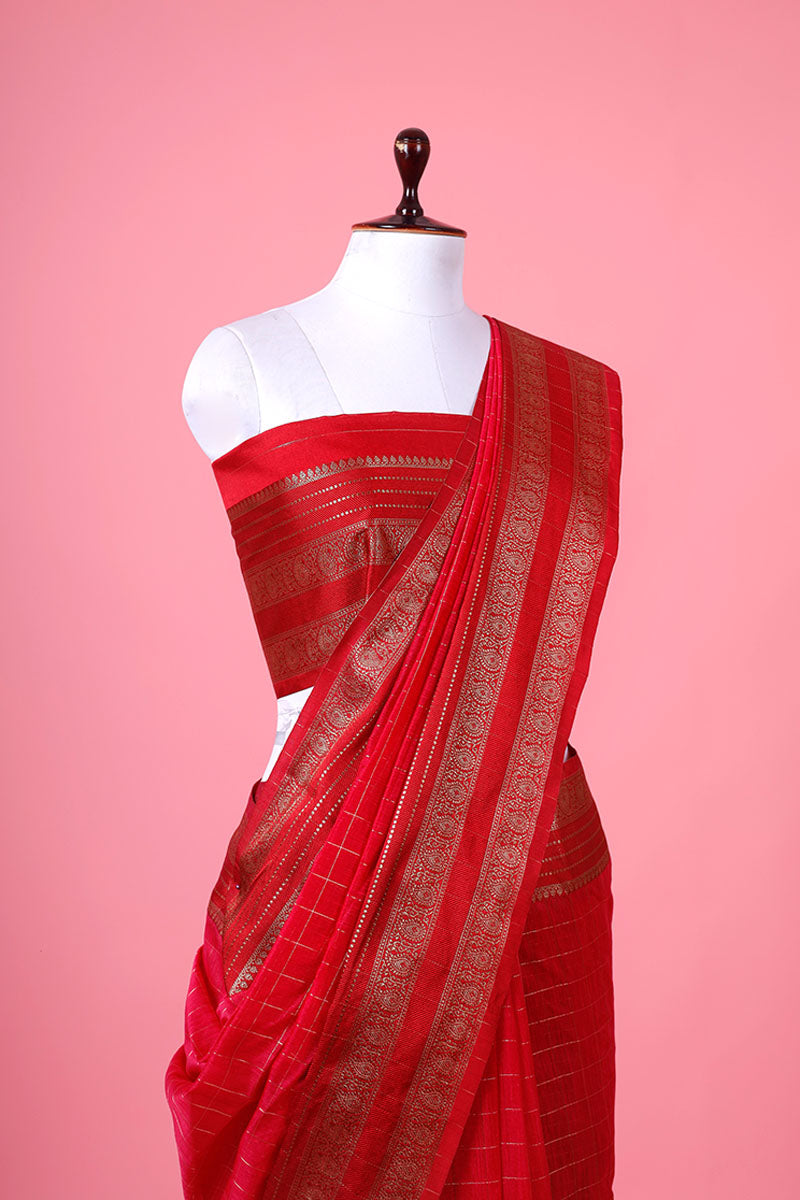 Crimson Pink Checkered Woven Banarasi Cotton Saree