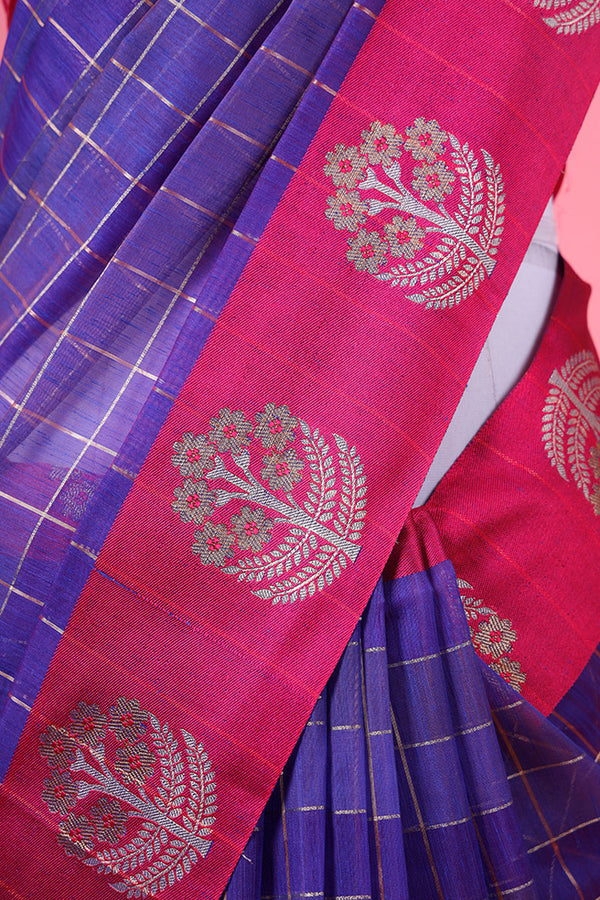 Bright Indigo Checkered Woven Banarasi Cotton Saree