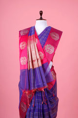 Bright Indigo Checkered Woven Banarasi Cotton Saree