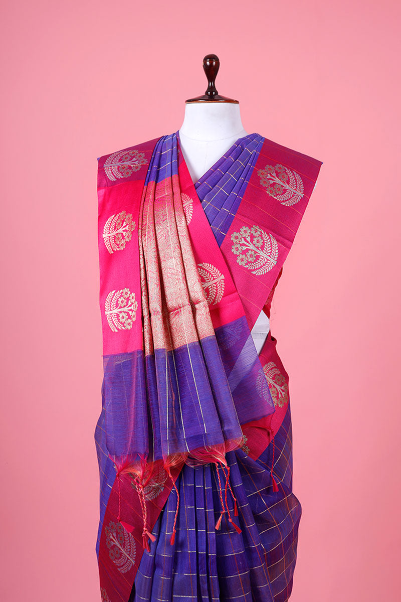 Bright Indigo Checkered Woven Banarasi Cotton Saree