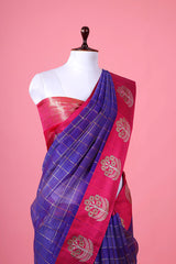 Bright Indigo Checkered Woven Banarasi Cotton Saree